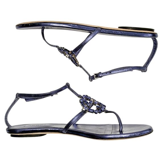 Gucci Crystal GG T-Strap Flat Sandals EU 37 US 7 Blue Metallic Interlocking G - Picture 4 of 9